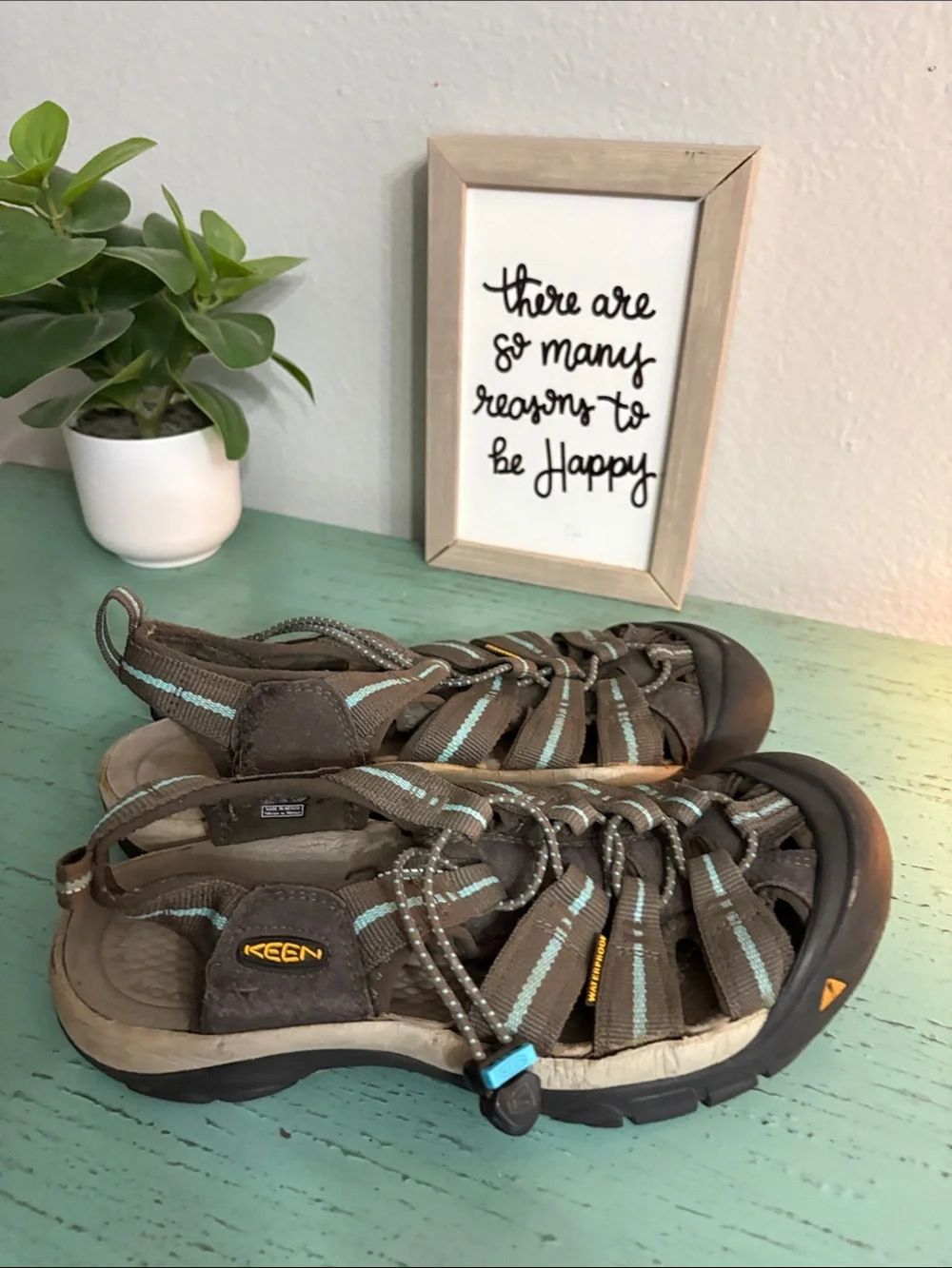 KEEN Brown Water Shoes with Light Blue Stripes